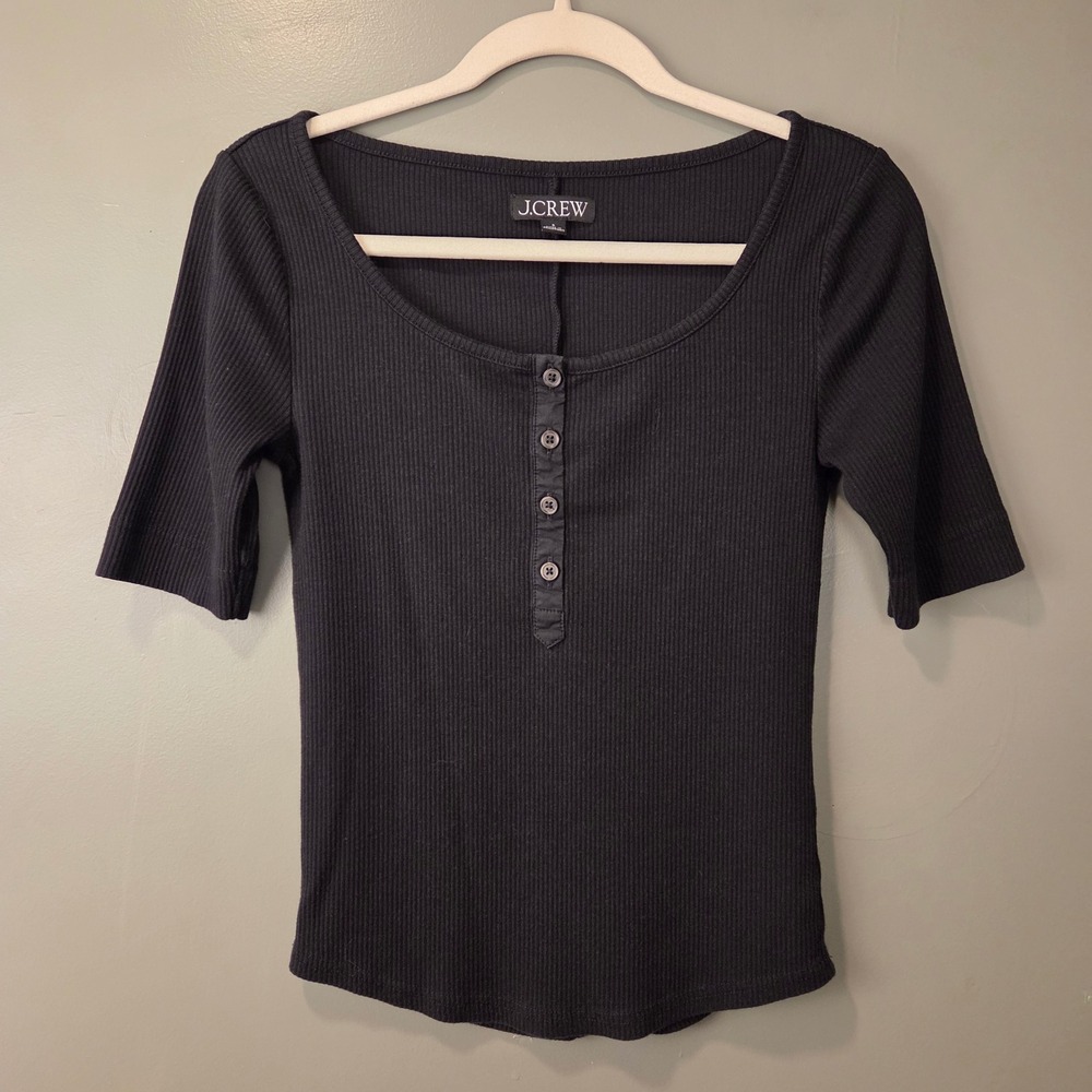 J.Crew Women's Vintage Rib Henley T-Shirt Black Size S Classic Indie